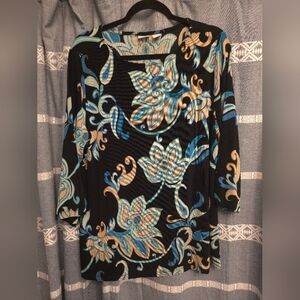 Chicos Top Women 3 XL Black Floral  Sleeve Preppy Office Workwear Chic